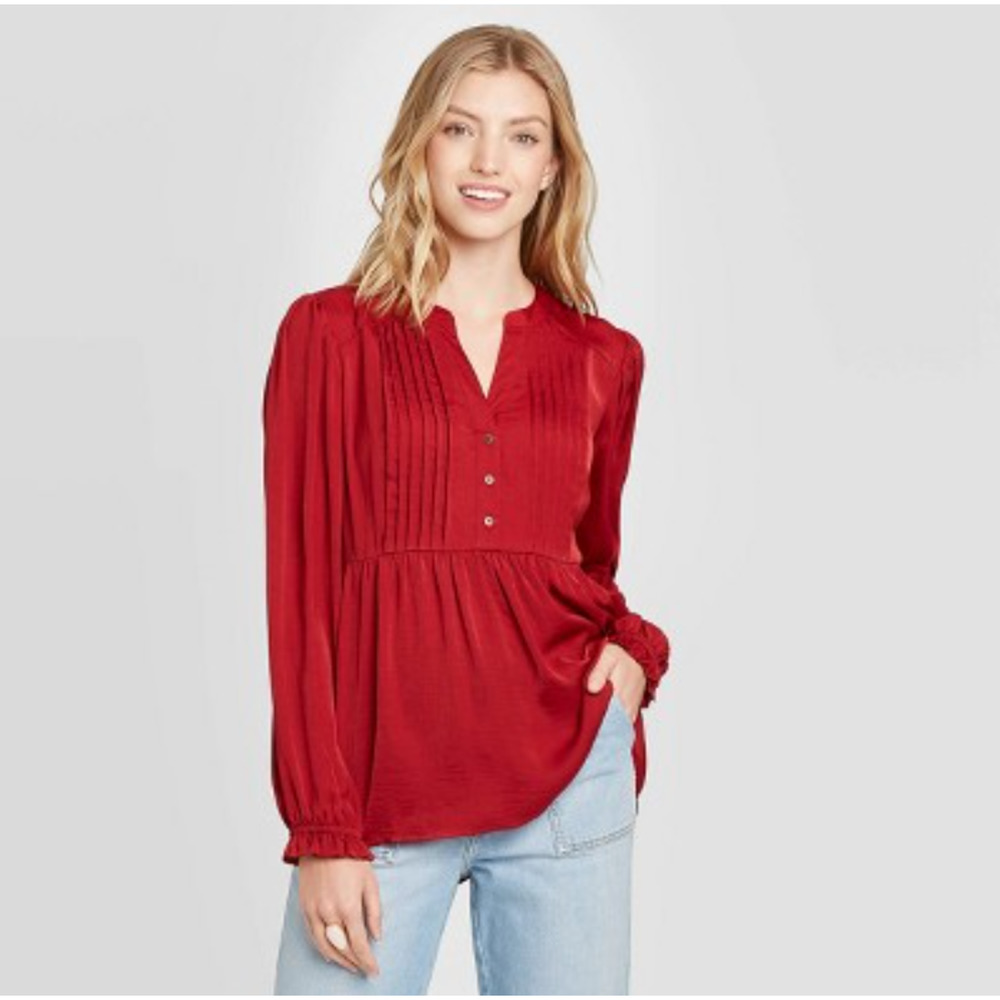 Women's Balloon Long Sleeve Blouse - Knox Rose; Red S